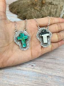 HANDMADE STERLING SILVER WHITE BUFFALO KINGMAN TURQUOISE <b>CROSS</b> <b>NECKLACE</b> JEWELRY <b>FOR</b> <b>WOMEN</b> - Product Image 3