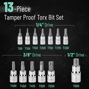 Juego de enchufes Torx de alta resistencia, 13 Uds., 1/4 <span class=keywords><strong>3</strong></span>/<span class=keywords><strong>8</strong></span> y 1/2, llave de accionamiento mecánico, llave de impacto, caja de enchufes cromada para herramientas de coches - Product Image 2