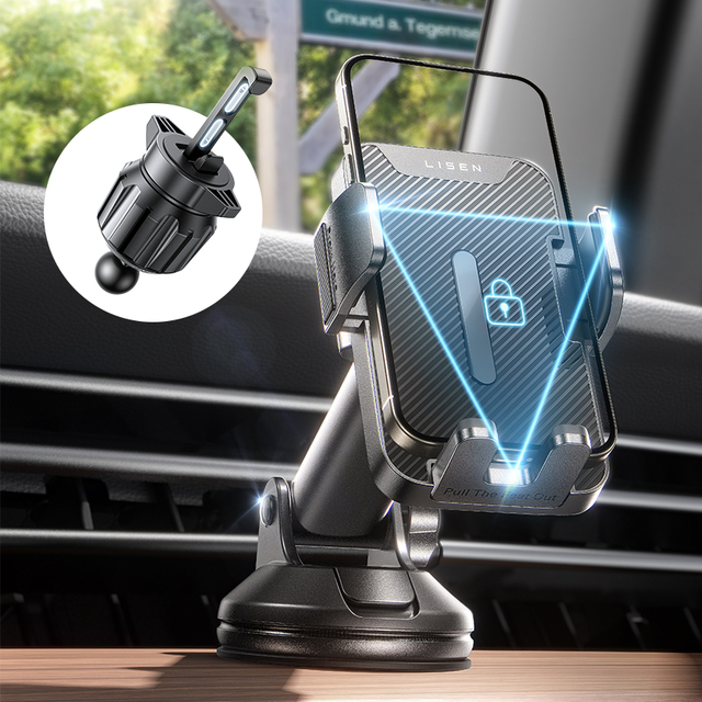 LISEN Premium Car Phone Holder Mount 3 in 1 Dashboard Air Vent Windshield Adjustable Phone Holder for iPhone 16 Samsung