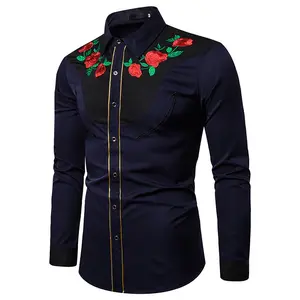 Mens Fashion Western Cowboy Skull and Rose Embroidery Shirt Slim Fit Casual Long Sleeve Button Down Dress Shirts