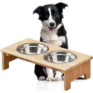 Design Double Custom Adjustable Wooden Bamboo Dog Bowls Elevated Feeder Stand With 2 Stainless Steel Bowls