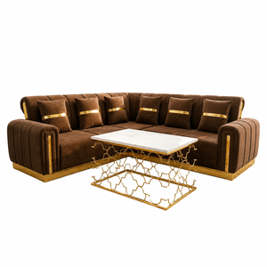 Premium Modern Brown Velvet L Shape Sectional <b>Sofa</b> with <b>Gold</b> Trim Deep Cushions Elegant Living Room Home Furniture - Product Image 1