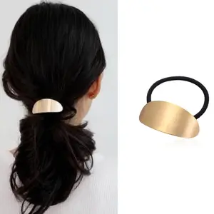 Wholesale All-match Fashion Glossy Long Oval Brushed Hair Rope Women Girl Elastic Gold Alloy Bands