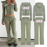 Ensemble de survêtement 2 pièces pour femme avec logo personnalisé, veste zippée délavée style vintage et pantalon évasé en coton élasthanne, collection sportswear automne 2026