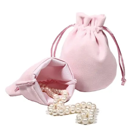 Bolsas de joyería de tela de terciopelo rosa, bolsa de almacenamiento con cordón pequeño, con logotipo personalizado impreso, 9x7cm, venta al por mayor