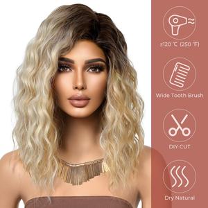 Nouveau produit d'<span class=keywords><strong>Amazon</strong></span>, une petite perruque de soie à haute température de vague d'eau de cheveux bouclés courts de cheveux bruns de côté raie pour européenne et amère - Product Image 2