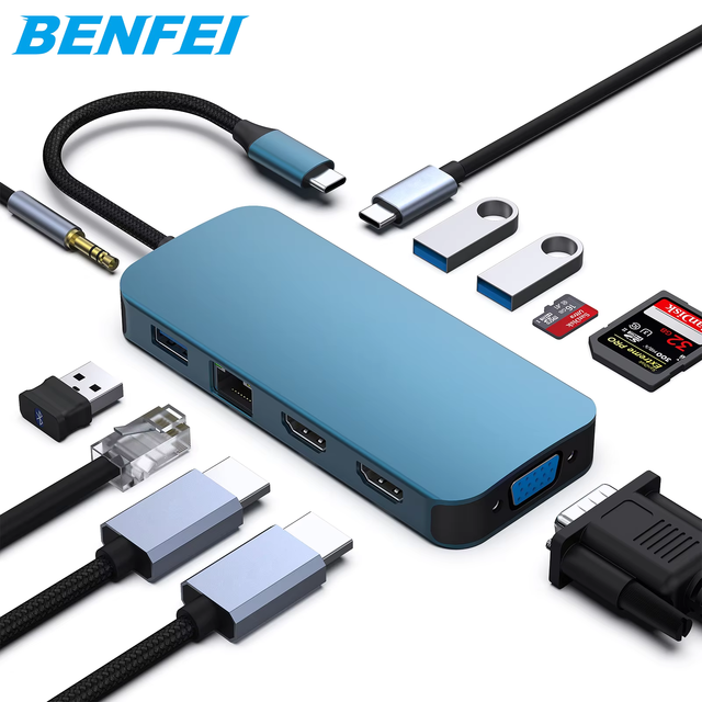 Customize Plug-In USB C Hub 11-in-1 Laptop MST Docking Station 2x/1x VGA 3x USB 3.0/SD/TF Card Reader Ethernet 100W PD 3.5mm DC