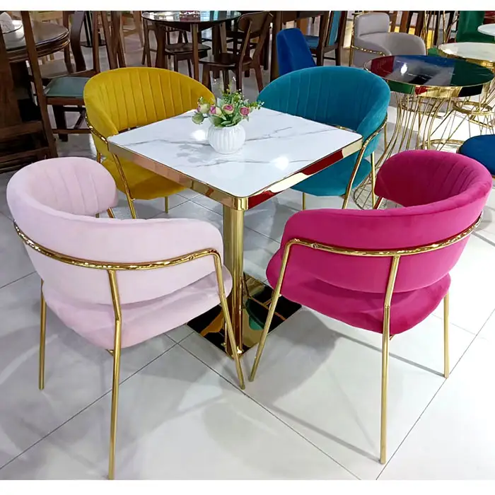 wholesale metal legs elegant nordic soft arm rest cafe sillas comedor light grey pink beige fabric velvet modern dining chair