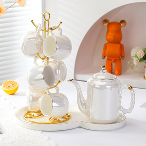 Service à eau en céramique blanc nacré de luxe léger, ensemble de tasses à café et pot, cadeau haut de gamme, service à thé domestique - Product Image 4