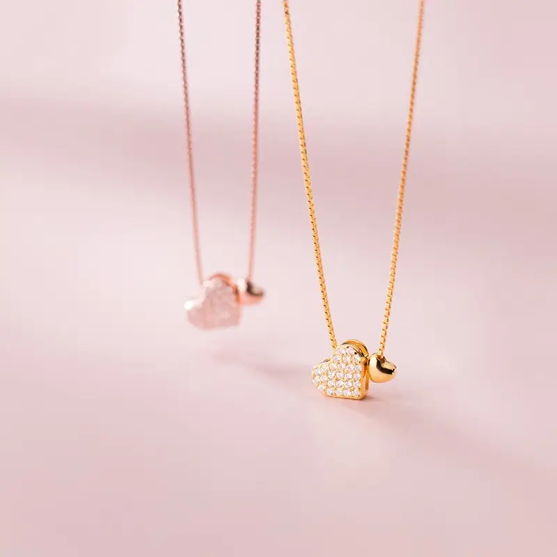 925 Sterling Silver Double Love Heart Necklace Statement Rose Gold Plated Chain Zircon Pendant Necklaces Jewelry for Women