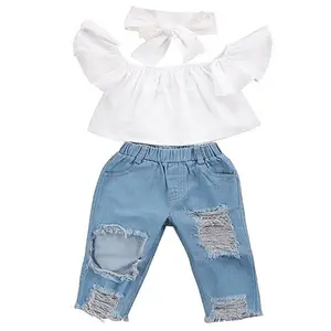 WEN Girls' Summer Suit Fashion 3pcs/set Baby Girl Tops+denim Pant Clothing Sets