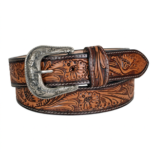 Ceinture en cuir floral western avec boucle argentée, ceinture en cuir décontractée pour homme, design brodé durable - Product Image 1