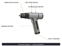 Perceuse sans fil sans balais 12V, couple 30 Nm, mandrin 10 mm, charge USB-C, visseuse avec 9 options de couleur, vente en gros OEM