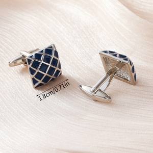 Boutons de manchette pour homme en laiton, agate, doré, émail noir, motif quadrillé, pour chemises de cérémonie, mariage, bleu, argent - Product Image 2