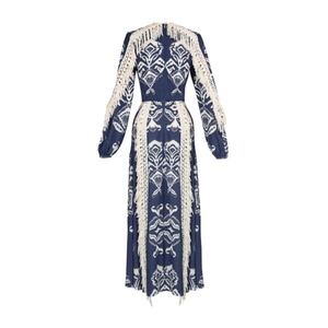 Robe longue bohème imprimé Ikat à manches bouffantes, bordure <span class=keywords><strong>en</strong></span> dentelle à franges, col froncé, taille ajustée, silhouette fluide <span class=keywords><strong>en</strong></span> A, style ethnique pour les vacances - Product Image 3
