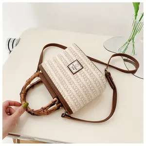 Stylish Crossbody Wood Grain Bamboo Hand Braided Purse Wheat Straw Bag Woven Basket Bag Straw Bags Women Handbags