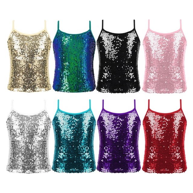 6-16 Children Sequin Dancewear Kids Dance Costume Girls Sequined Tops Tank Top for Dancing Performance Stage Dance Wear