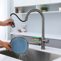 Robinet de cuisine commercial moderne classique en acier inoxydable 304 avec douchette extractible, monocommande, monotrou, eau chaude et froide