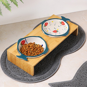 Ceramic Pet Bowls Double Feeding Set With Fish Shape Design For <b>Cats</b> And Dogs Strawberry Pattern Raised <b>Feeder</b> Bowl - Product Image 1