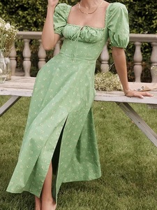 Nuovo Arrivo: Abito Lungo Estivo da Donna con Maniche a Sbuffo, Stampa Floreale, Spacco, Elegante e alla Moda, Bianco, con Schiena Scoperta - Product Image 6