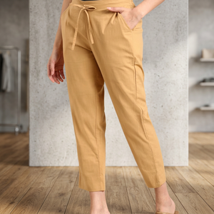 Pantalon en coton pur kaki pour femme, coupe classique, taille élastique, style décontracté, respirant, écologique, couleur beige/doré, été - Product Image 3