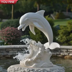 Outdoor Garden Decoration Hand Carve Natural Stone White Marble Dolphin Fountain Sculpture