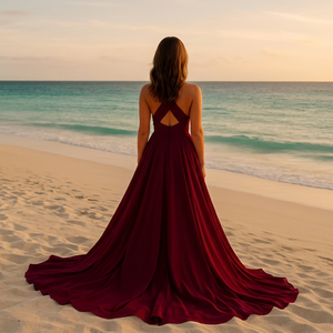 Nuevo y Elegante Vestido Largo de Seda Roja con Cola de Satén para Sesión de Fotos, Vestido de Noche de Lujo para Playa y Océano - Product Image 3