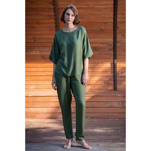 Ensemble pantalon et haut pour femme en viscose XXL, col bateau, épaules tombantes, manches 3/4 avec poche, pour vêtements de nuit - Product Image 5