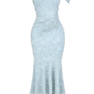 Haute qualité nouveau Vintage Jacquard Wrap dos élastique fermeture éclair ourlet irrégulier plissé décontracté femmes longues robes - Product Image 6