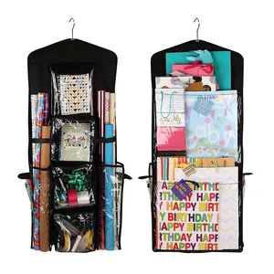 Organisateur de rangement double face au-dessus de la porte pour emballage de cadeaux de Noël avec plusieurs poches pour sacs, rubans et nœuds