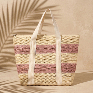 Bolso Tote de Paja Tejido a Mano Premium con Logotipo Personalizado SHINY, con Asa de Cinta a Rayas, para Compras, Vacaciones de Verano y Playa - Product Image 1