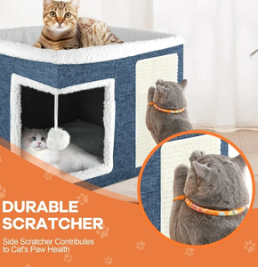 JTPAWS Katzenbett, YUWENUS Katzenhaus für Wohnungskatzen mit 2 Kissen, Große Katzenhöhle mit Kratzmatte und Flauschigem Hängeball - Product Image 6