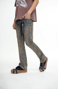 Jeans de Hombre de <span class=keywords><strong>Moda</strong></span> Urbana, Estilo Y2K Vintage, Lavado Bronceado, Decoración con Patrón de Telaraña, Corte Acampanado, Personalizados y de Alta Calidad - Product Image 2