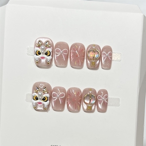 <span class=keywords><strong>Uñas</strong></span> Postizas <span class=keywords><strong>Acrílicas</strong></span> de Alta Calidad Hechas a Mano con Diseño de Ojo de Linterna Dorado 3D, Puntas Cortas, Venta al Por Mayor - Product Image 2
