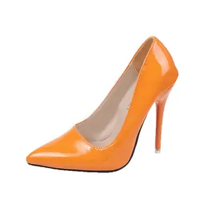 2023 New Orange High Heels for Ladies French Women Shoe Black Single Shoes Thin Patent Leather Single Shoes Heeled Sandals