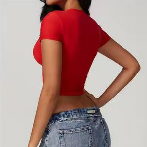 Camiseta Deportiva de Secado Rápido para Mujer, Ropa Deportiva Ajustada, Informal, para Gimnasio, Fitness, sin Costuras, con Logotipo Personalizado, Camiseta Deportiva de Manga Corta - Product Image 4