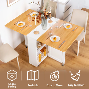 <strong>Folding</strong> Dining <strong>Table</strong> with 6 Wheels 2-Layer Storage Shelf and Drop <strong>Leaf</strong> Space Saving Dining <strong>Table</strong> for Kitchen/Living Room - Product Image 5
