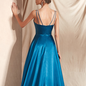Robe de mariée Jancember Rl123 International en satin bleu, bretelles spaghetti, col en V, sans manches, fermeture éclair - Product Image 5