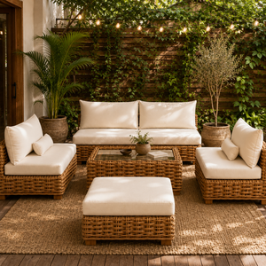 Juego de Sofás de Mimbre Tejido a Mano de Lujo para Exteriores con Mesa de Centro y Reposapiés para Patio y Jardín de Villas y Resorts - Product Image 1