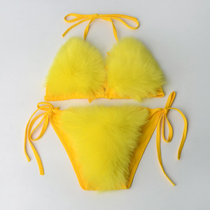 Ensemble de bikini en fourrure de <span class=keywords><strong>renard</strong></span> véritable couleur personnalisée pour femme, lingerie de plage estivale moelleuse standard, soutien-gorge et culotte sexy détachables, maintien moyen - Product Image 5