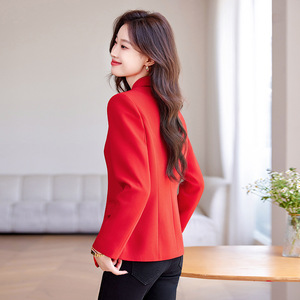 Red Women's Blazer Single <b>Button</b> Solid Color Polyester Anti-Wrinkle Long Sleeve Professional Casual Wear - Product Image 4