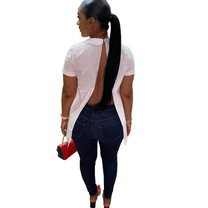 Nuevo Casual Color sólido personalizar cuello redondo <span class=keywords><strong>de</strong></span> manga corta con espalda abierta camiseta mujer Tops moda verano Sexy lindo mujeres Tops - Product Image 5