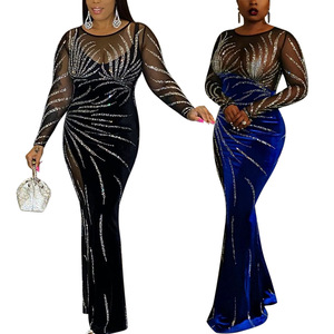Vestido Largo <span class=keywords><strong>de</strong></span> Noche para Mujer, Estilo Europeo Americano, Cintura Imperio, Antiestático, Sexy, con Costuras <span class=keywords><strong>de</strong></span> Malla y <span class=keywords><strong>Terciopelo</strong></span>, para Fiesta - Product Image 1
