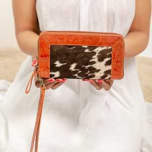 New Western Style Hair On Hide Colourful <b>Tooled</b> Fur Leather Clutch Women Designed Purse Hot Selling <b>Tooled</b> Leather Unique Wallet - Product Image 4