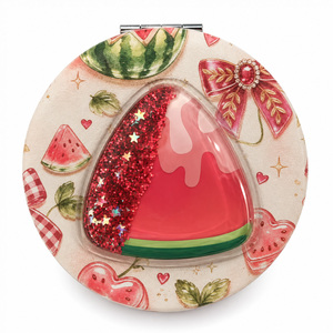 Miroir compact double face à thème pastèque mignon avec décoration liquide 3D scintillante, miroir de maquillage rond portable double face - Product Image 1