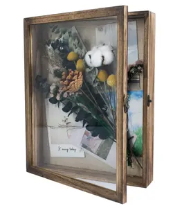 批发11x14阴影盒框架实木玻璃门展示盒，带亚麻背面和6个棒销