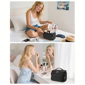 Pochette de maquillage de luxe à double fermeture éclair, grande capacité, noire, personnalisable avec logo, directement de l'usine - Product Image 2