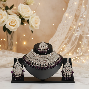 <b>Silver</b> Plated Brass Zircon Bridal Jewelry Set <b>Choker</b> Necklace Drop Earrings Tikka High Quality Engagement Anniversary Wedding - Product Image 3