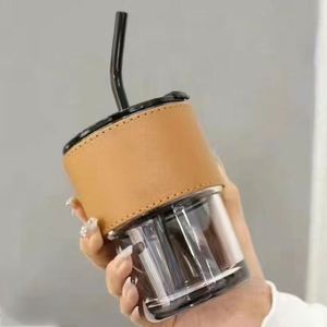 New Coffee <b>Cup</b> 450Ml Stripe Silicone Sleeve Glass Straw Water <b>Cup</b> <b>Reusable</b> Travel Coffee Mug With Lid and Straw Holiday Gift Mug - Product Image 2