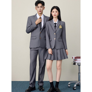 Grey Preppy Style Unisex Suit Set High School Uniform Autumn Winter Fashion Short Skirt Polyester Fabric No-Wrinkle Treatment - Product Image 3